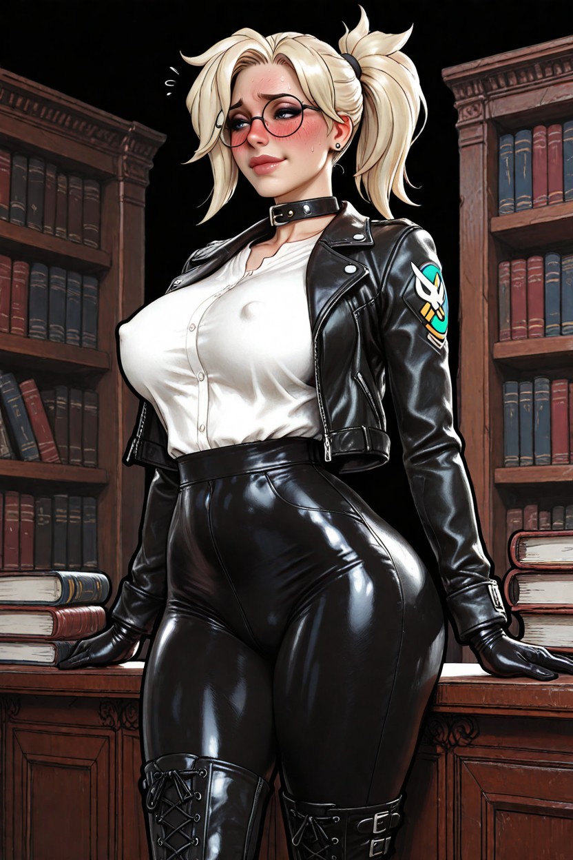 Thigh High Leather Boots, Red Face, Blush Hentai AI Porn