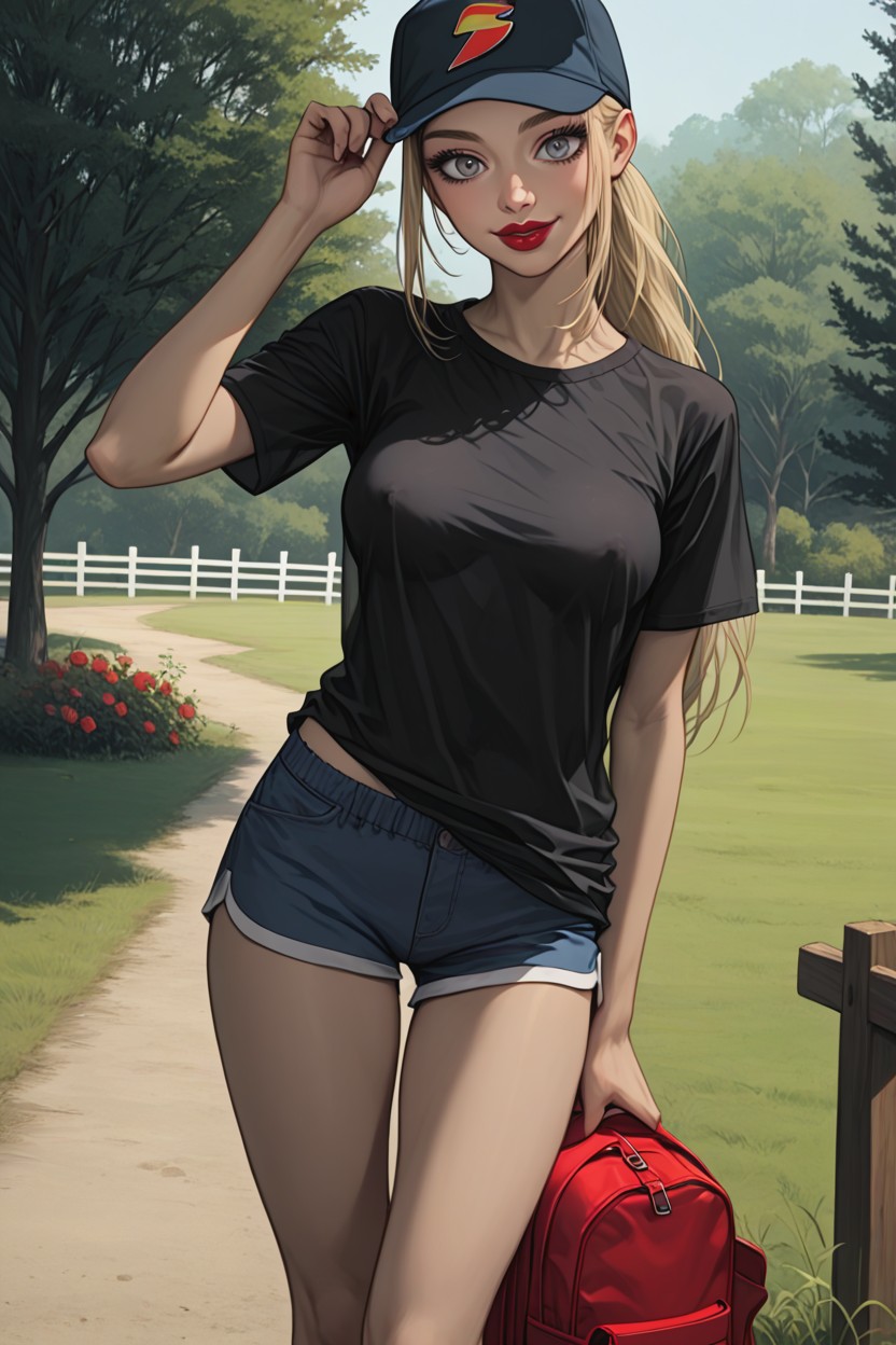 Wooden Rural Fence, Pizza In Hand, Dark Red Lipstick Hentai AI Porn