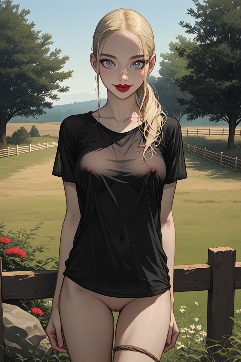 Black Cottonshirt Is See‑through, Grass, Big Lips Hentai AI Porn