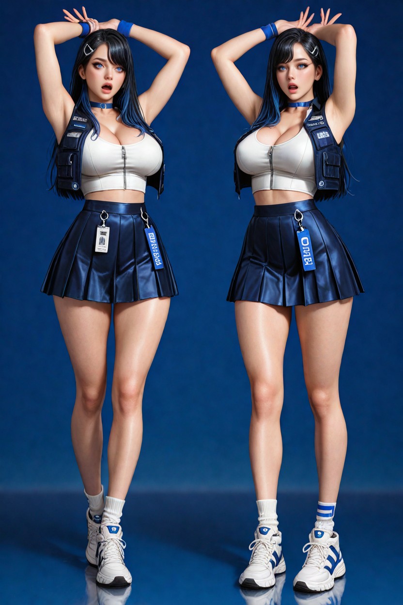 Blue Side Accents, And Accessory Placement In Both Views Use A Dark Navy-to-black Studio Backdrop With Soft Cinematic Rim Lighting Render The Character In A Premium Semi-realistic Anime Style With Polished D Detail, Thick White Laces Hentai IA