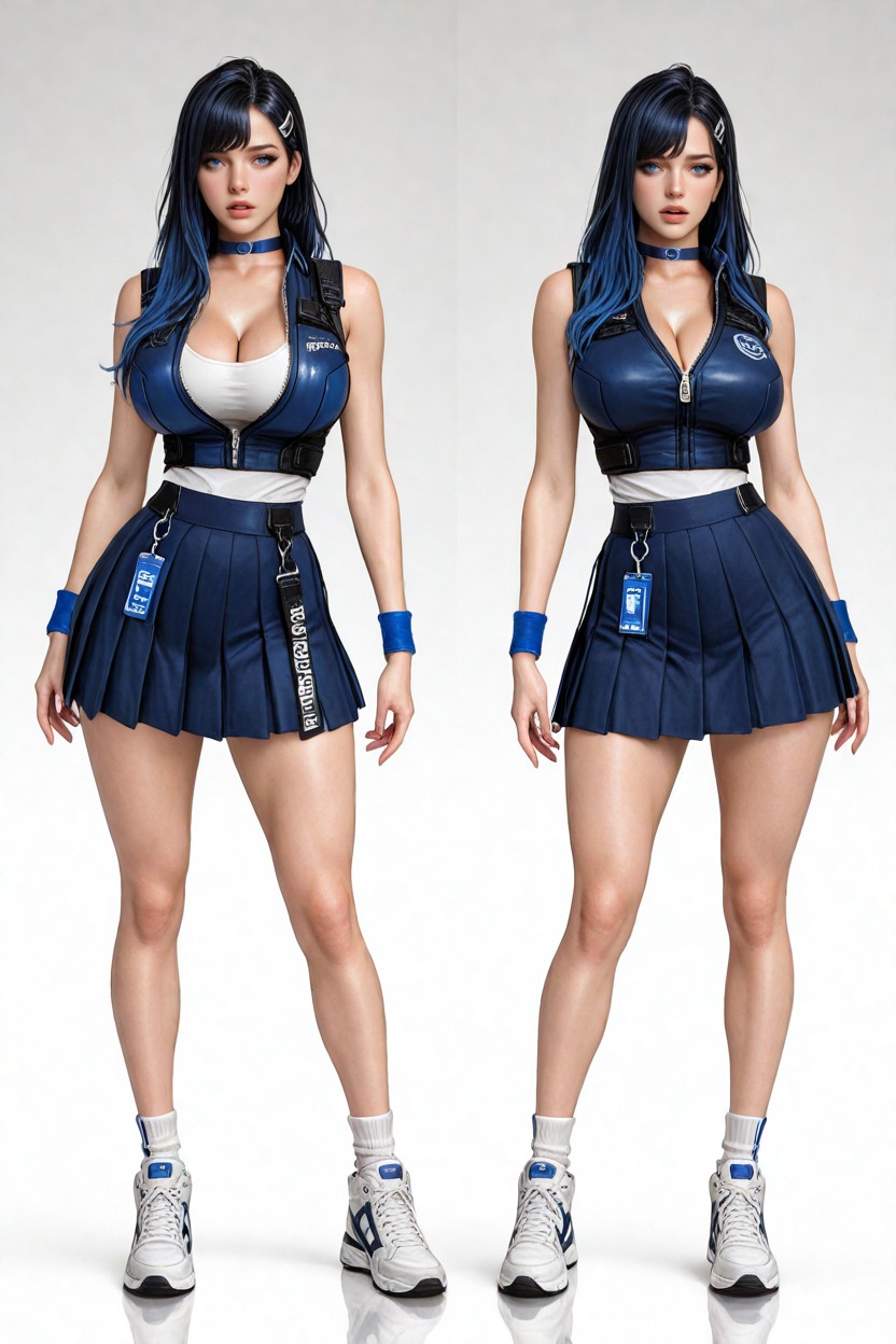 And Large Vivid Sapphire-blue Eyes With Long Dark Eyelashes Her Expression Is Calm, Wears Clean White Ankle Socks And Chunky Futuristic High-top Sneakers The Shoes Are Primarily White With Electric-blue Soles, Full Body Hentai AI Porn