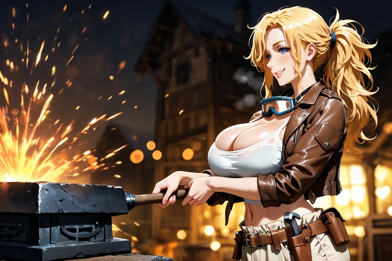 Tool Belt, Revealing White Tank Top, Cleavage Hentai IA
