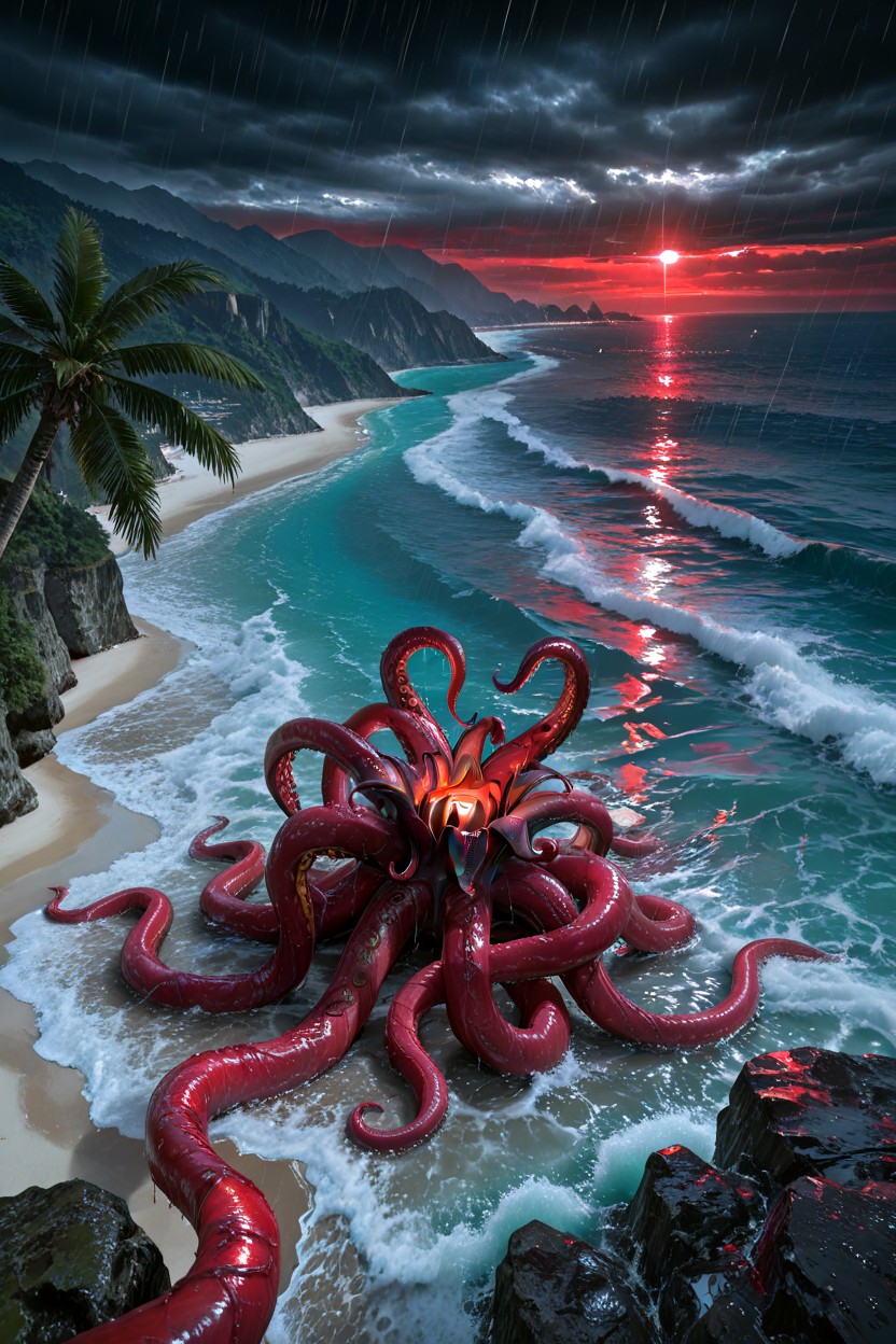 White Sandy Beach, Dark Stormy Sky, Aerial View Hentai AI Porn