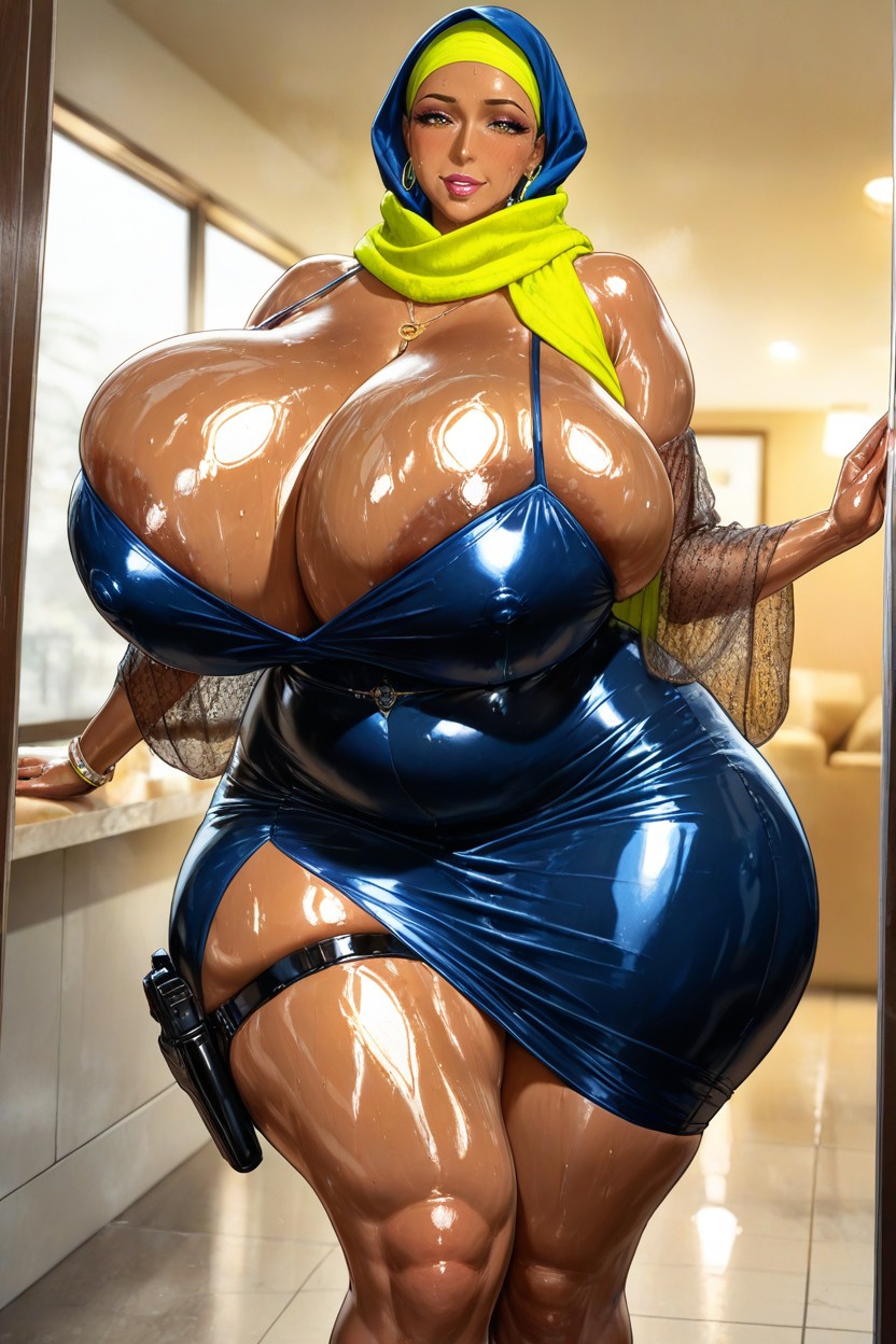 In Night Club, Indian Woman, Ruched Or Draped Fabric Around The Waist/hips For Added Shape Glossy Body Hentai IA