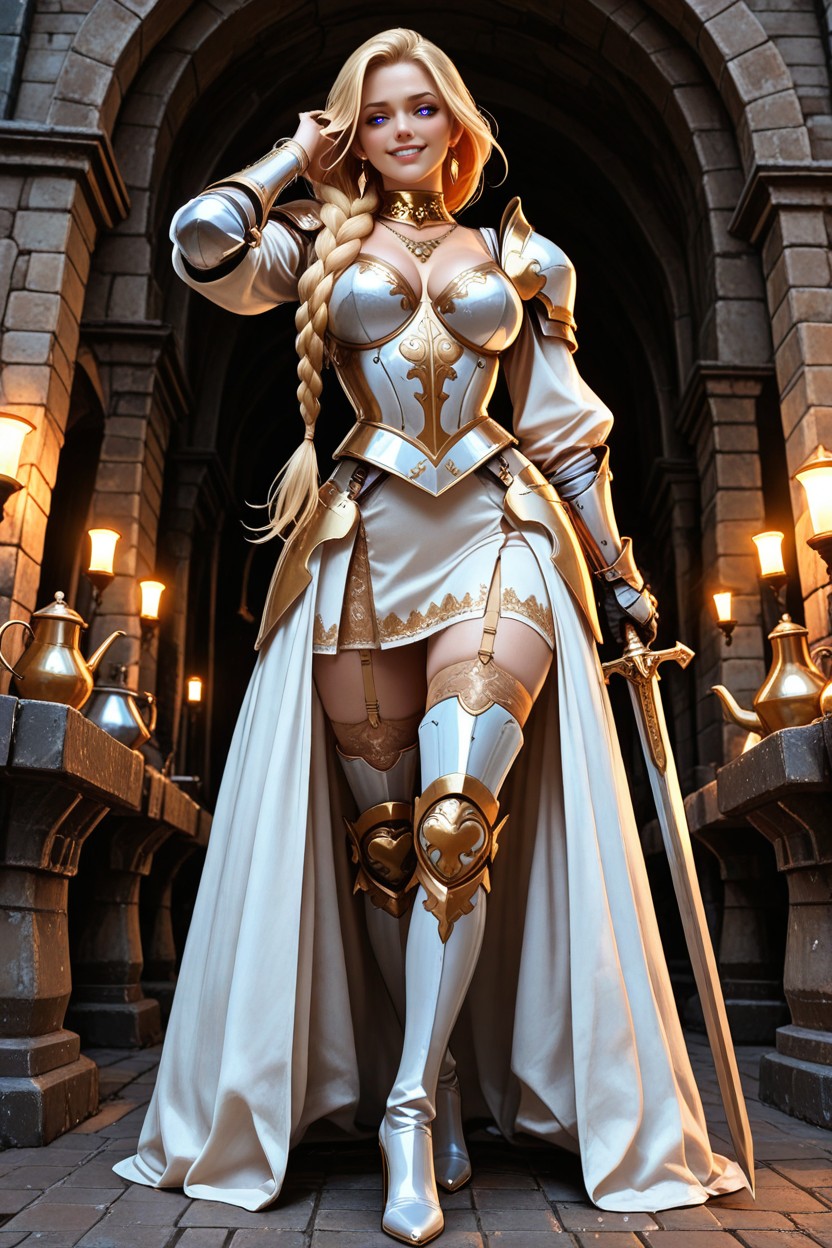 White-gold Thigh Armor Boots, De Pie Con Las Piernas Cruzadas, Fully Armored Hentai IA