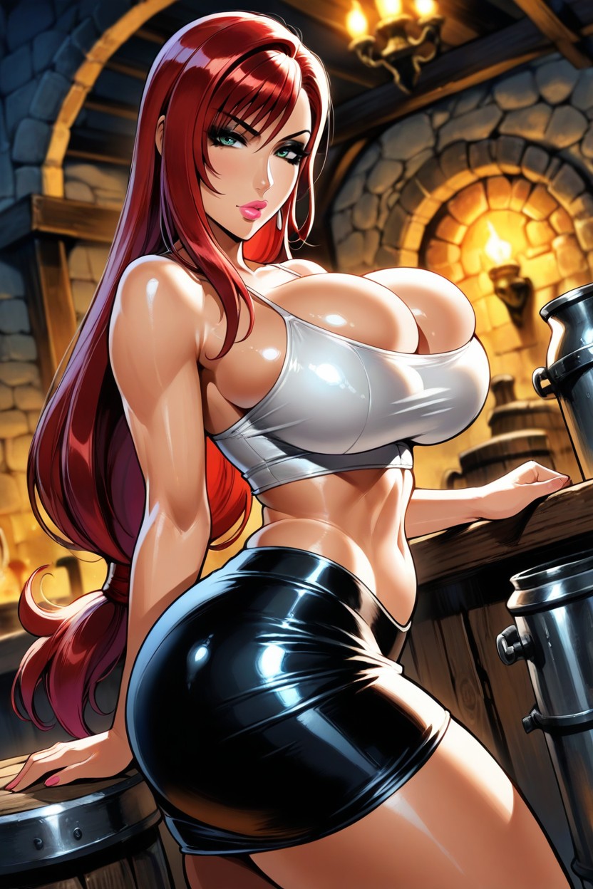 Dark Brown Skin, Metallic Red Hair, Green Eyes Hentai AI Porn