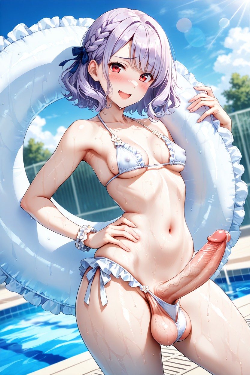 Wearing Naughty Transparent Microbikini With White Frills Edge, Detailed Hair, Detailed Hentai AI Porn