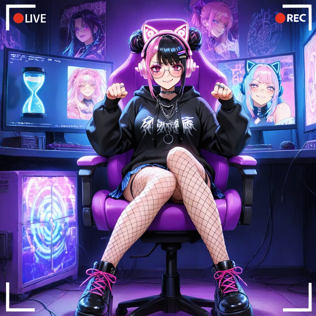 A Stylish Egirl Aesthetic Edgy Internet-inspired Alt Fashion, Pink Feline Ear Gamer Headphones, 18+ Hentai AI Porn