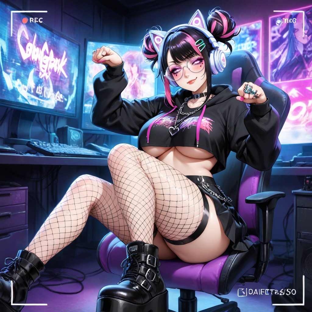 Gamer Room, Underboob, Pink Feline Ear Gamer Headphones Hentai AI Porn