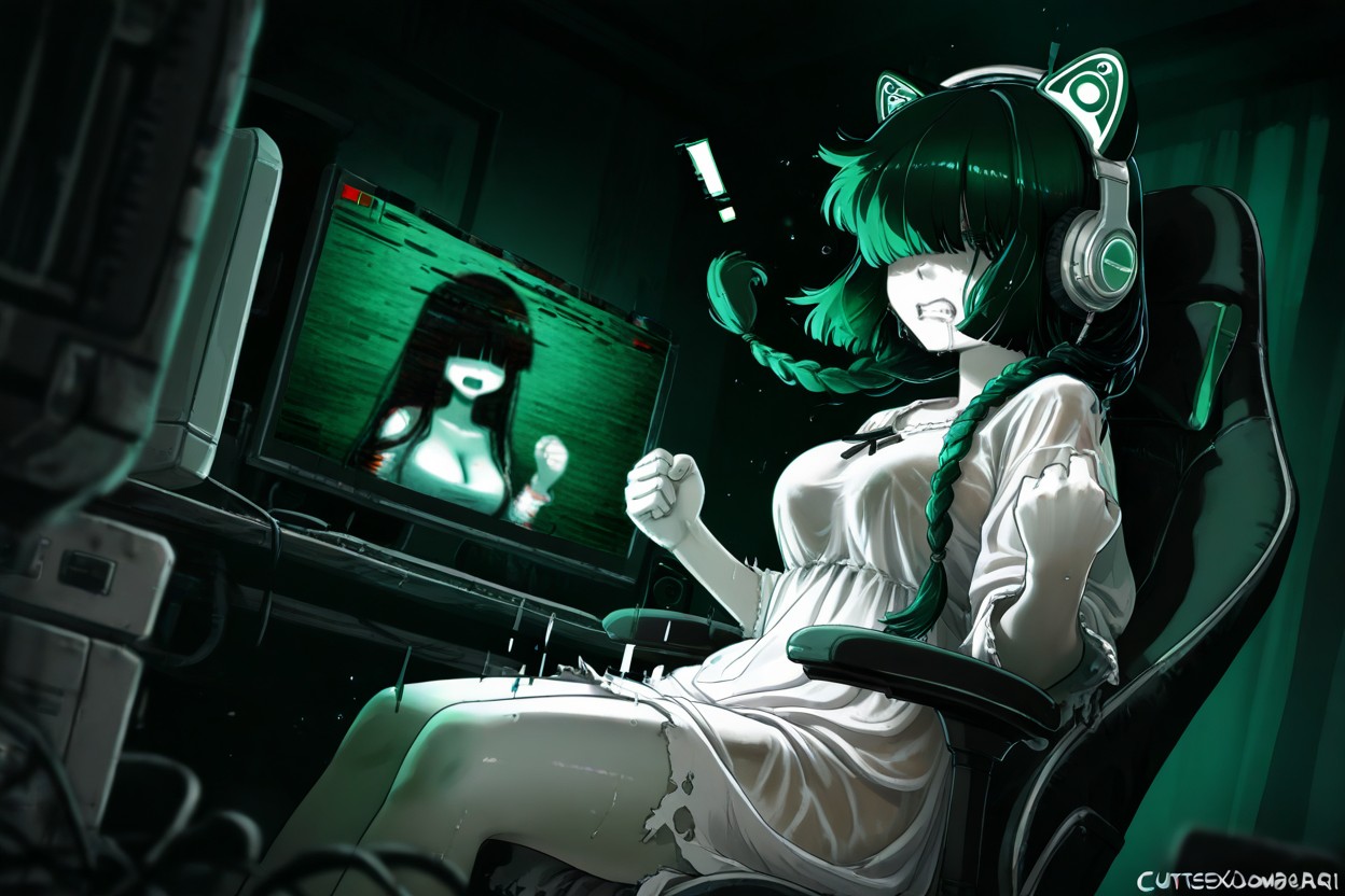 Green Monochrome, Dutch Angle, Puffy Hair Hentai AI Porn