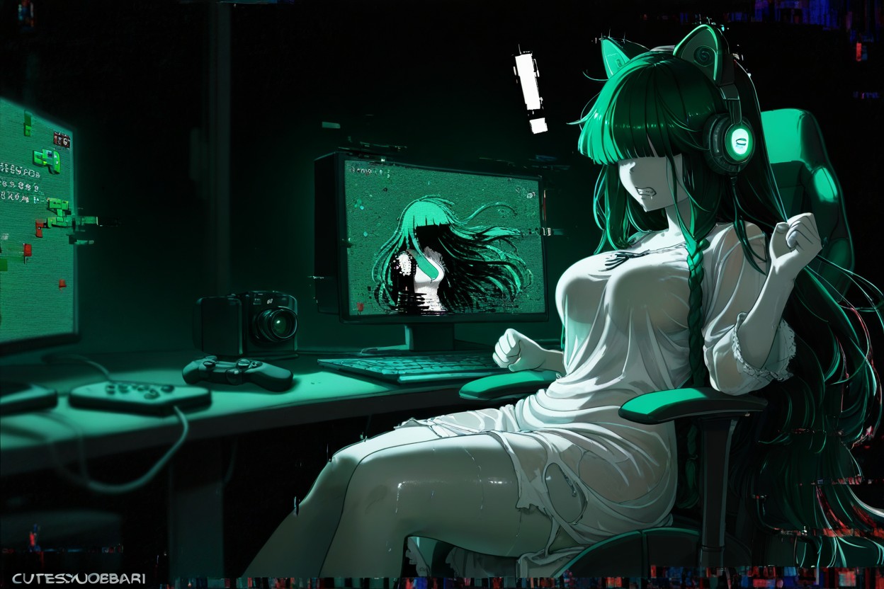 Feline Ears Headphones, Visual Glitch Effect, Shouting Hentai AI Porn