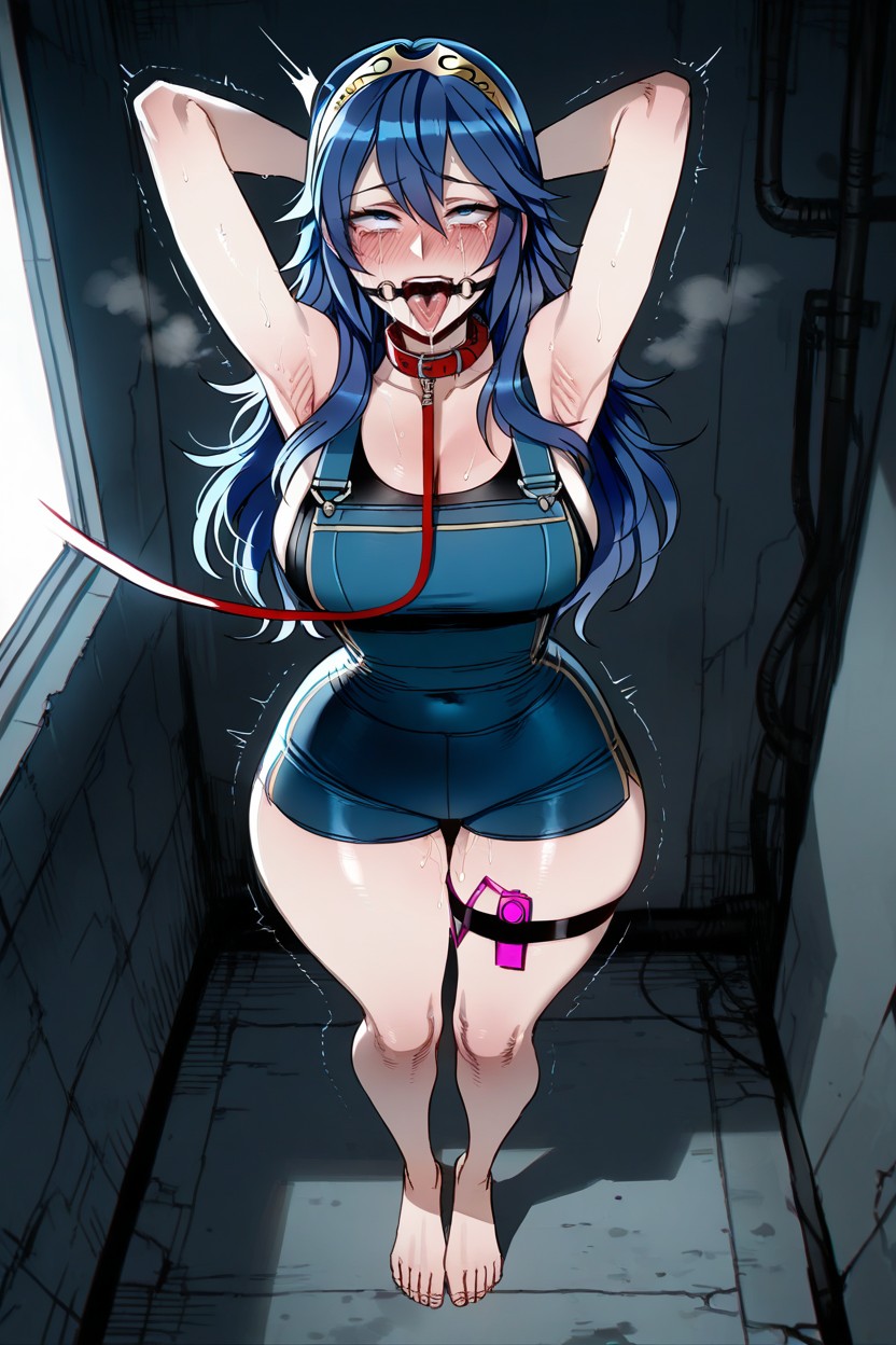 Blushing, Blue Hair, Shaved Armpits Hentai AI Porn