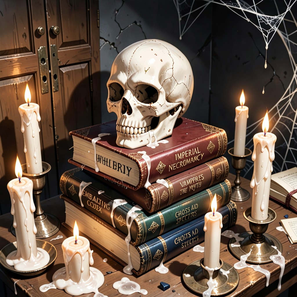 A Detailed, Textured Background Wall, Leather-bound Grimoires With Title Written On Each Books "imperial Necromancy Porno IA Hentai