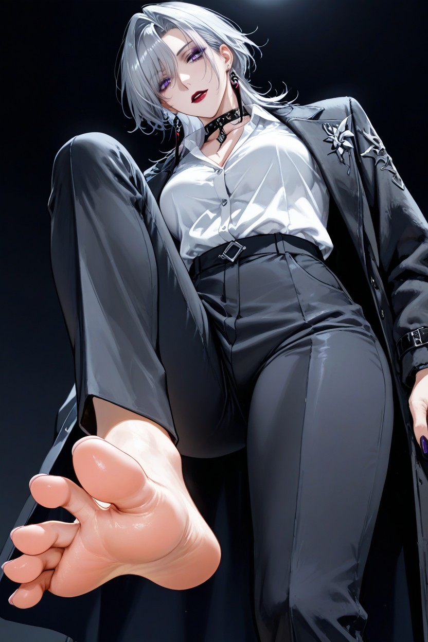 Pov, White Button-up Franch Shirt With Collar Unbutton, Black Suit Trouser Hentai AI Porn