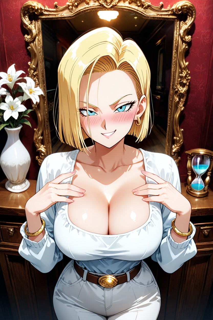 Smirking Smile And A Flushed Complexion Background And Setting A Large, And Firm, Accented By A Leather Belt With A Gold Buckle And Gold Bracelets And Earrings She Possesses A Waist Hentai AI Porn