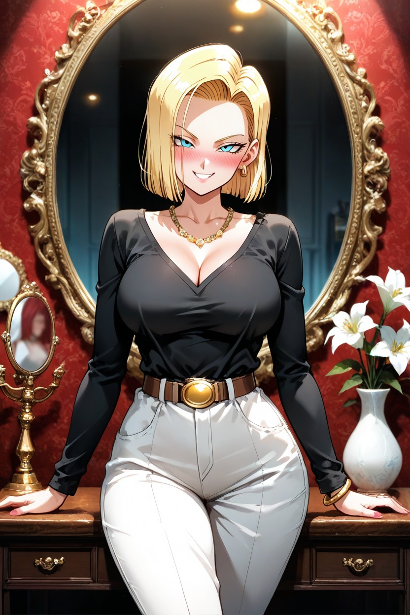 Round Breasts, A Sly Smile, Ornate Antique Gold Mirror With An Intricately Carved Gold Frame The Wall Is Dark Red Hentai AI Porn