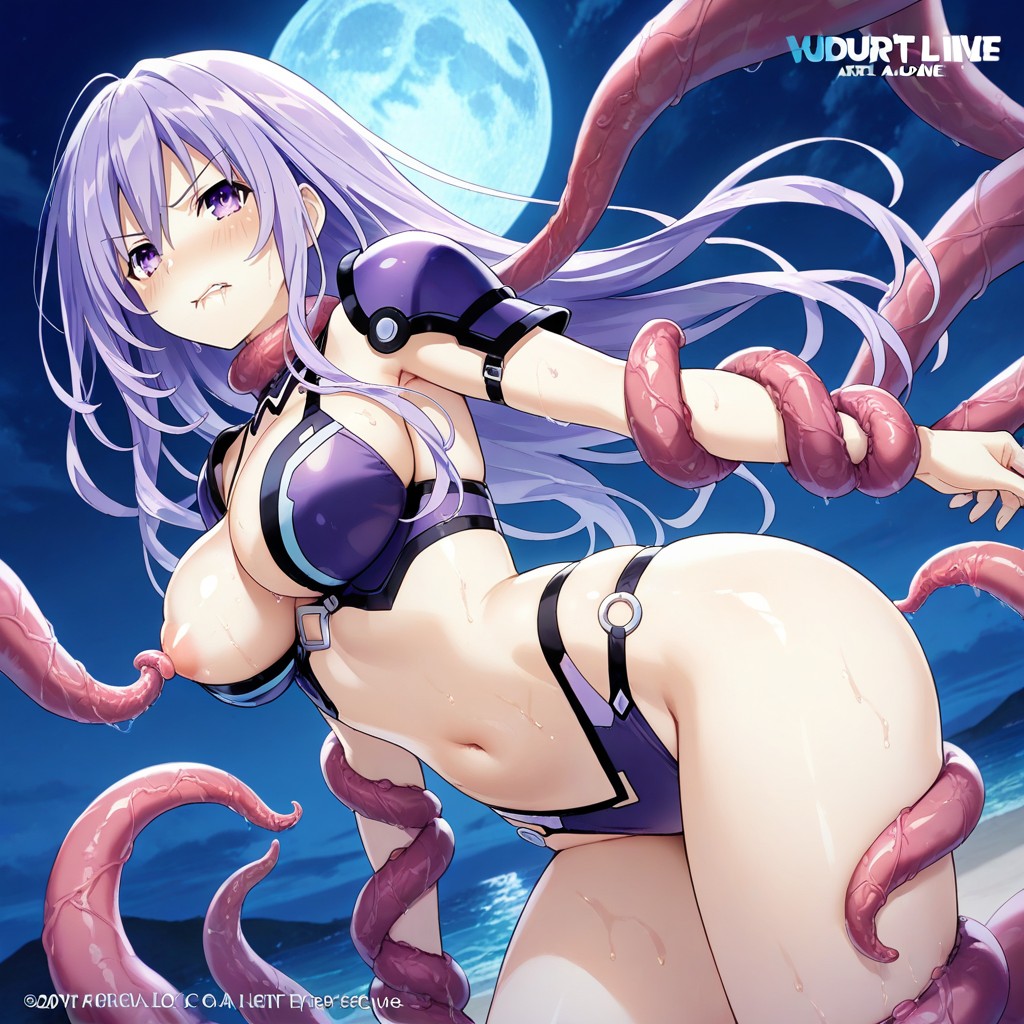 At Night Blue Moon Light, Tentacles Choke Her Throat, Bottom Up Hentai AI Porn