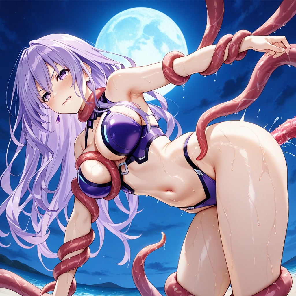 Tentacles Restrained Her Legs, Tentacles Squeeze Her Breasts, Purple Hair Hentai AI Porn