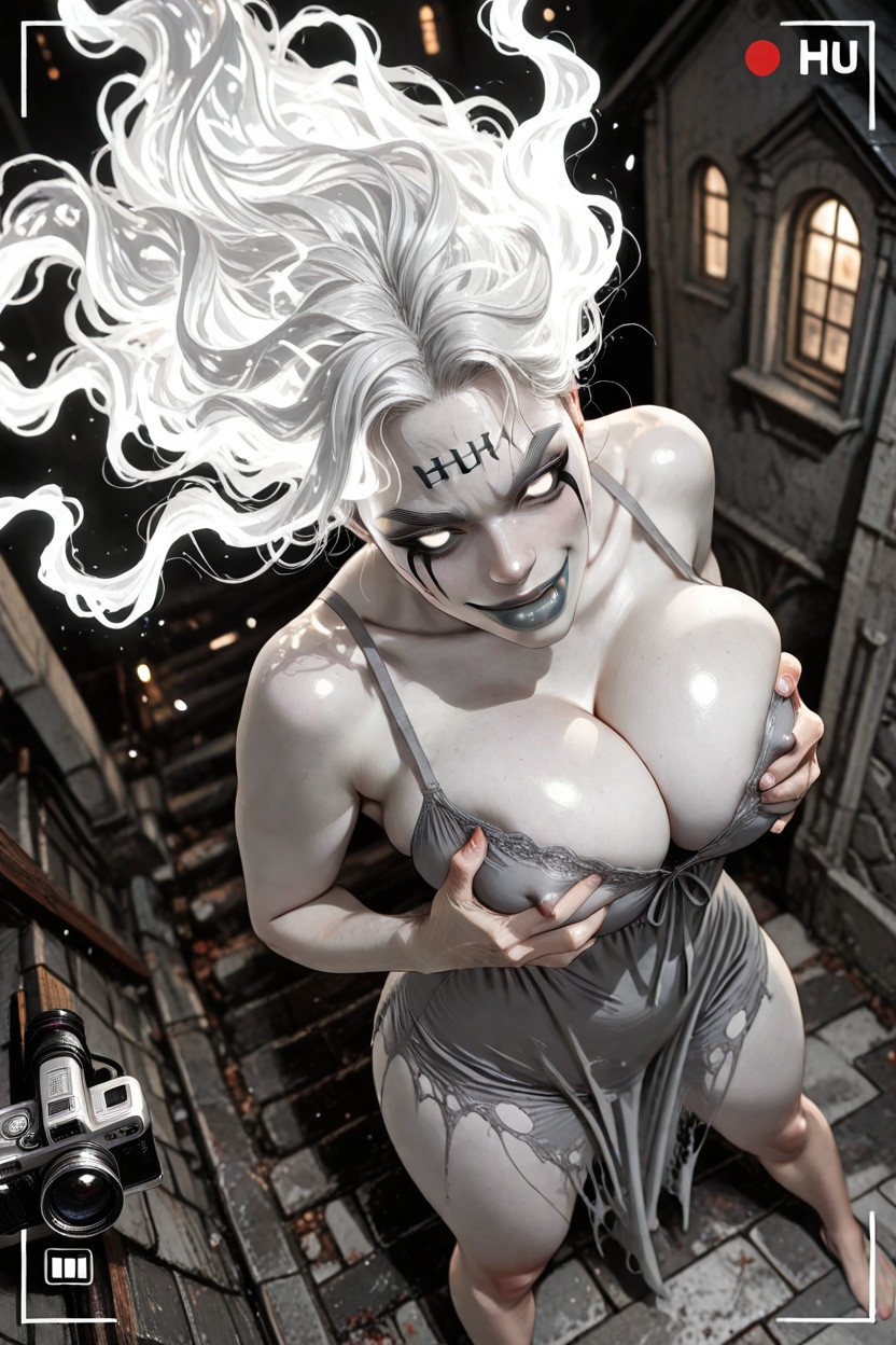 Looking At The Viewer, Three-quarter View, Long Grey Nightgown Heavily Torn Hentai AI Porn