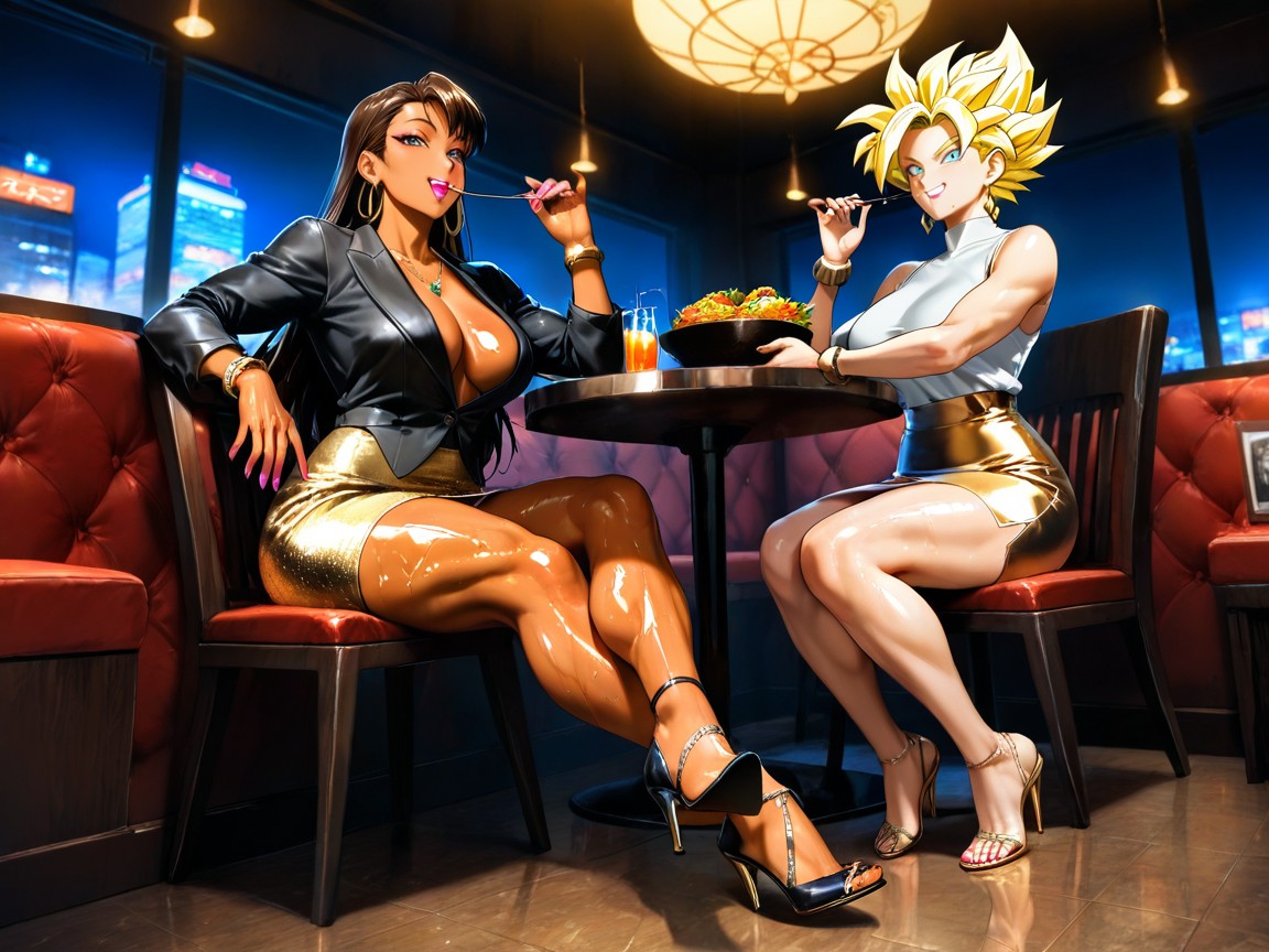Super Saiyan Gohan And Chun Li Eating Dinner Together, Bottom Up, Detailed Hair Hentai AI Porn