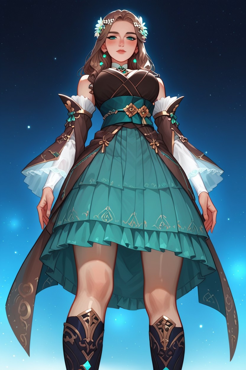 Teal Waist Sash, Low-angle View, Dark Brown Jacket With Teal And Gold Trim Hentai AI Porn