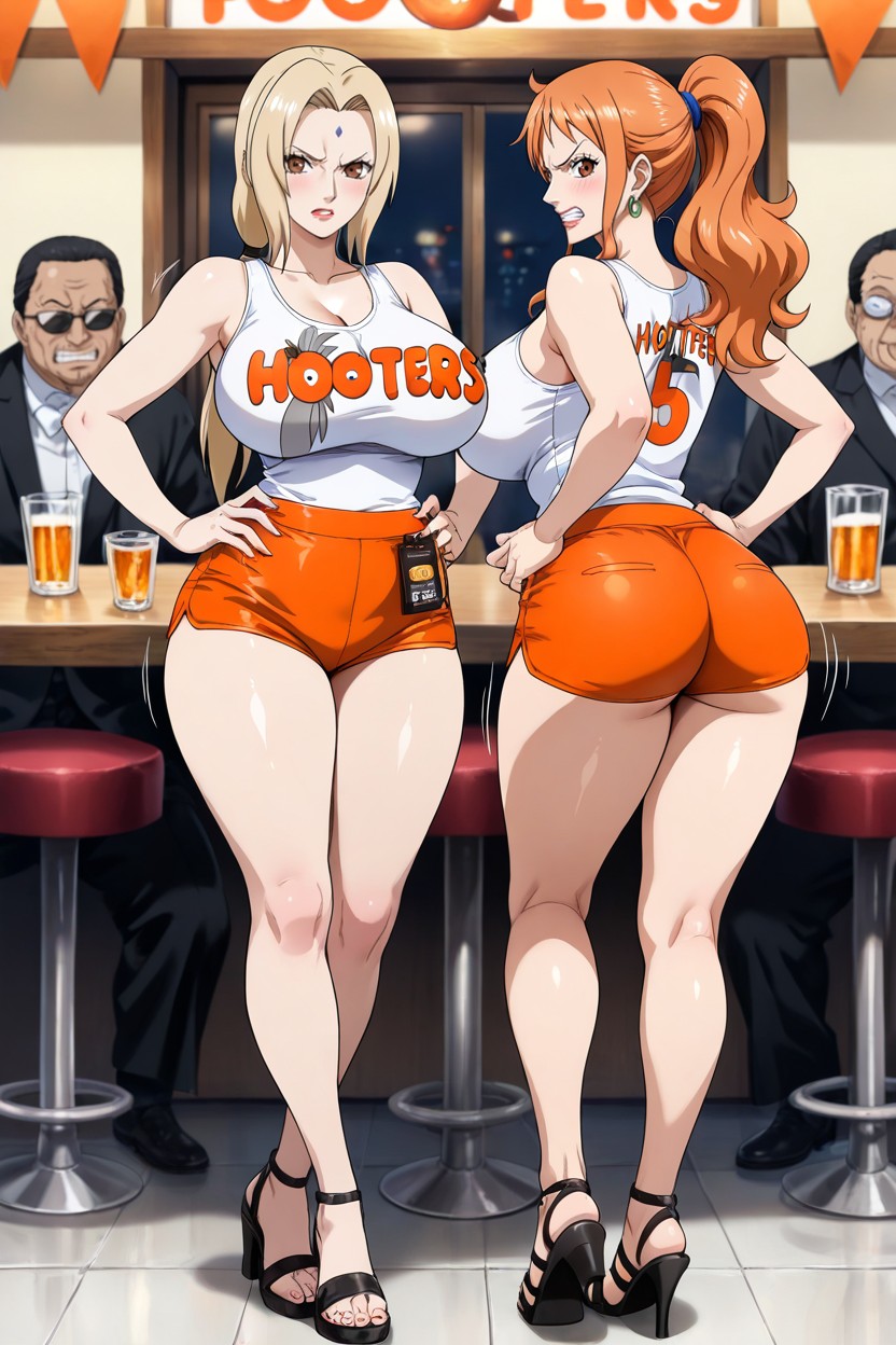 High Resolution, Both Are Wearing Casual Hooters-style Uniformorange, Restaurante Hentai IA