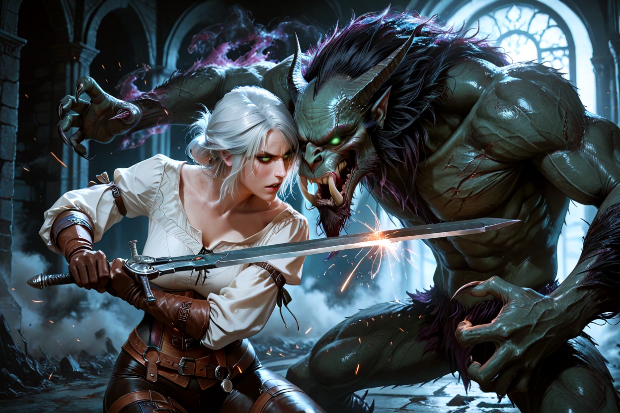 The Sword And The Creature’s Hand Locked In A Powerful Clash Parry Right In The Middle Between Them, Femenino, The Female Creature On The Right Side Of The Frame With Pearly-gray Skin Hentai IA