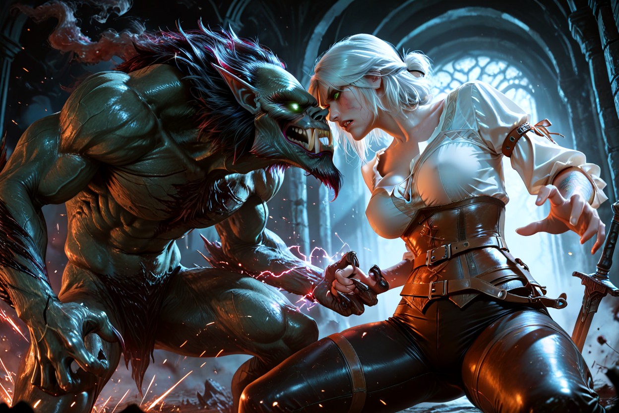 The Sword And The Creature’s Hand Locked In A Powerful Clash Parry Right In The Middle Between Them, White Blouse, Dramatic High-contrast Side Lighting Hentai IA