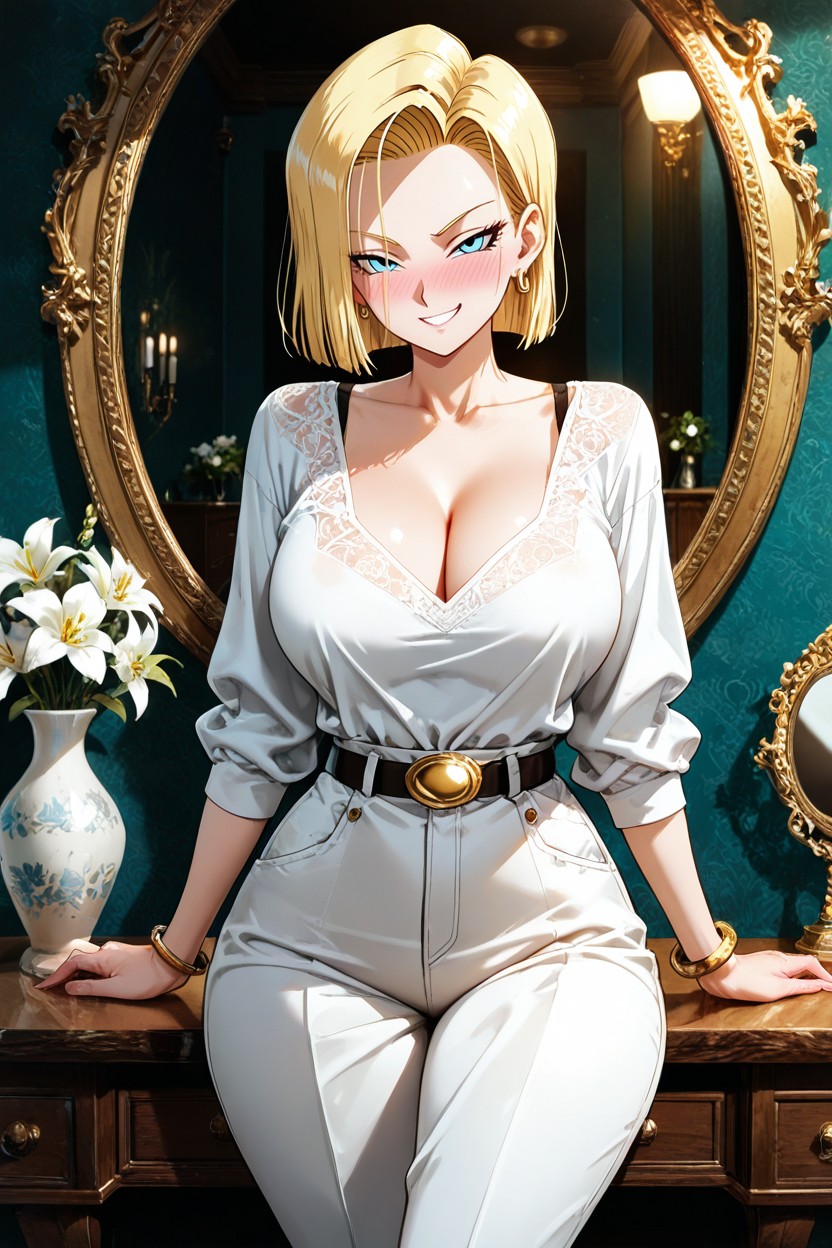 Occupying Most Of The Frame, And A White Vase With White Flowers Sits To The Left A Hidden Hand Rests On Her Chest Her Chest, Expresión Arrogante Hentai IA