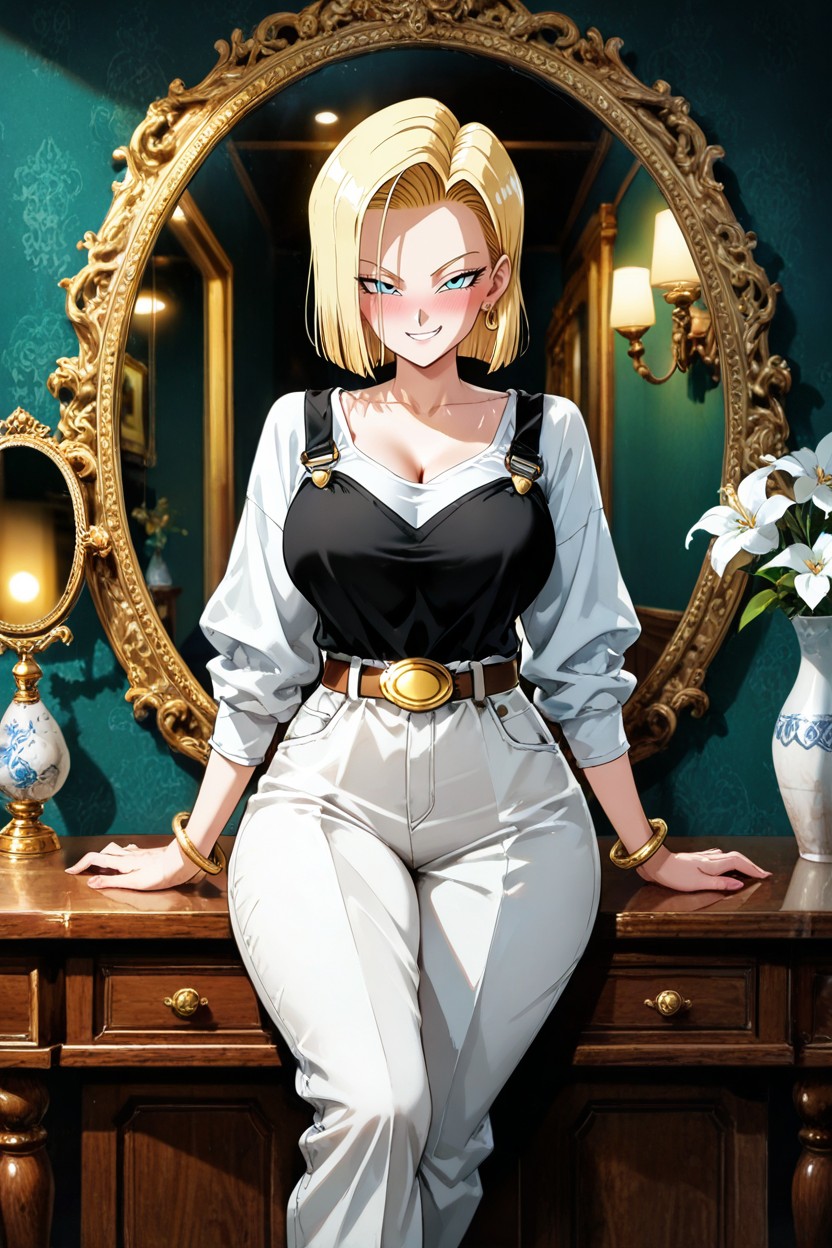 The Elegant And Luxurious Atmosphere, Resting On The Table She Wears A Long-sleeved White Blouse With A Deep, Sonrisa Diabólica Hentai IA