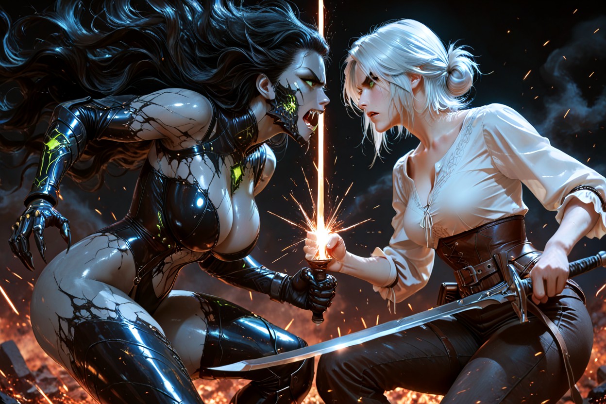 Expression Of Fierce Determination And Physical Strain, Intense Focused Green Eyes, Very Tight Framing On Their Faces Extremely Close Together Hentai IA