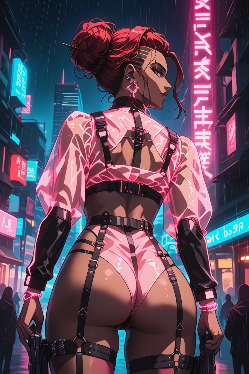 Piercing Gaze Her Shiny Red Hair Is Styled Into An Elegant High Bun With Soft, Cyberpunk City, Structural Dark Straps Hentai AI Porn