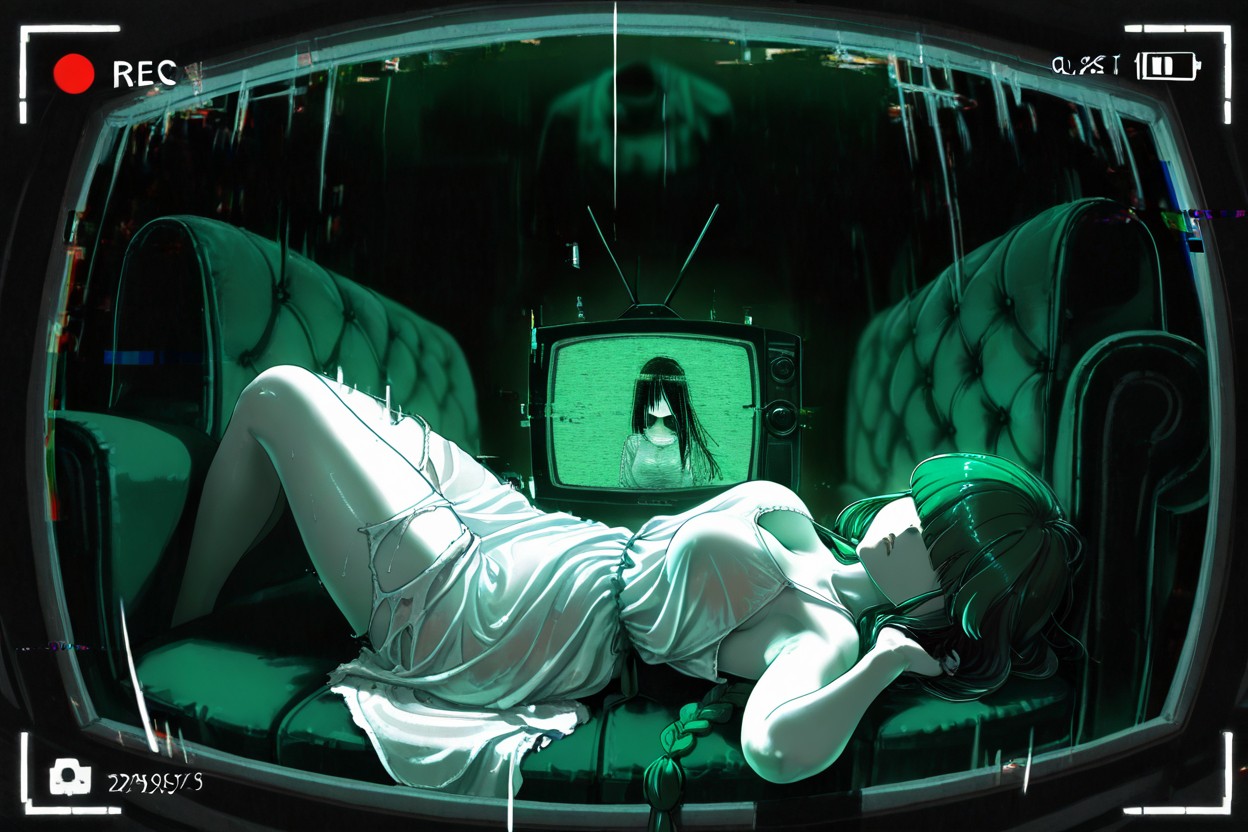 Vignette, Green Monochrome, Floating Hair Strands Hentai IA