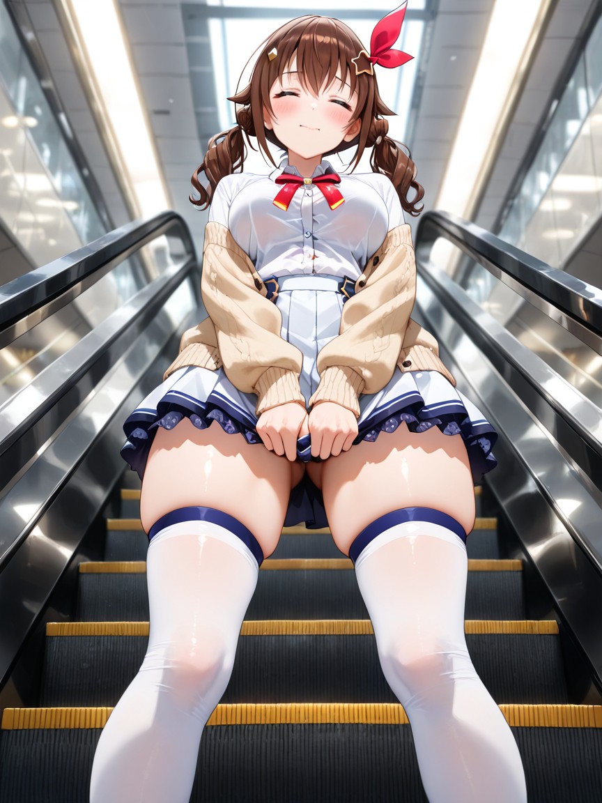 Only A Section Of The Skirt Visible Beneath The Cardigan Hem, Solo, Glossy Finish Hentai IA