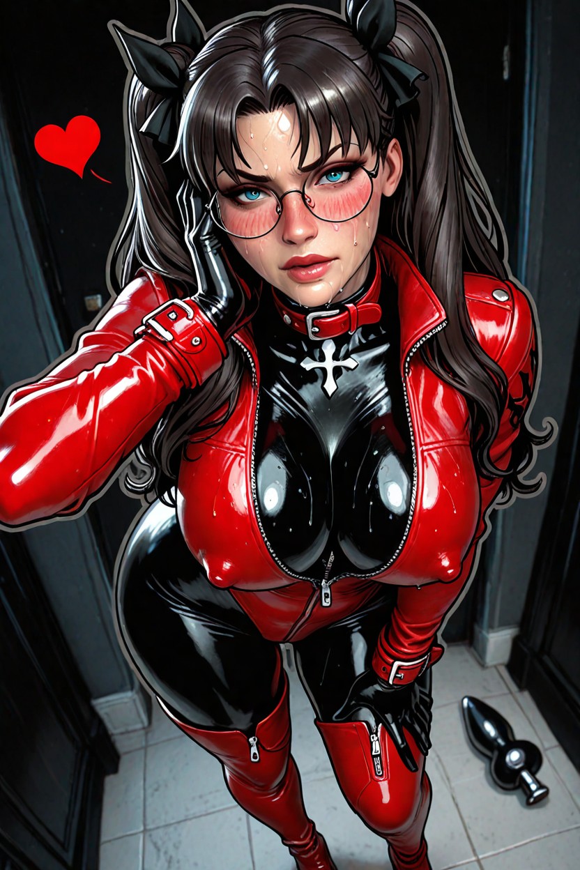 Bent Forward, Orgasmic Expression, Red Leather Cuffs Hentai IA
