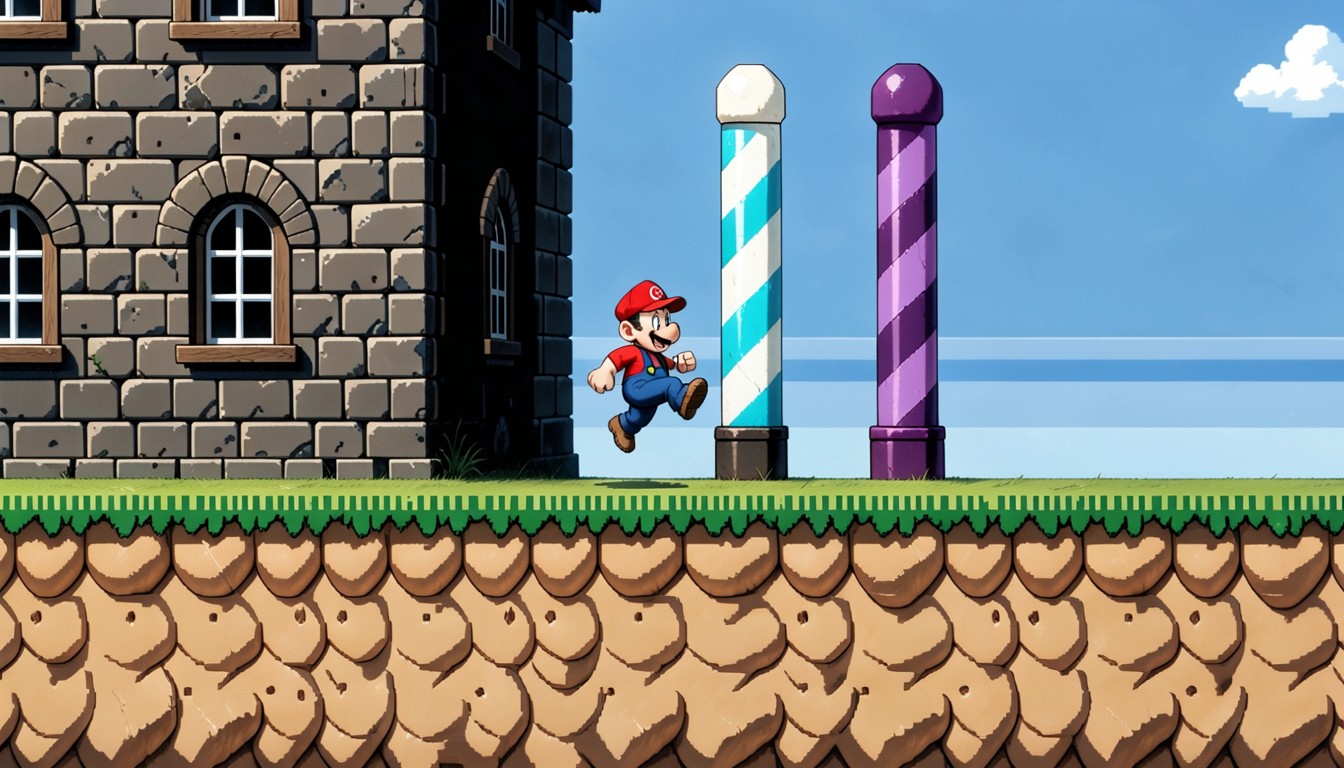 Detailed With Repeating Pixel Patterns And Deep Navy-black Shadows The Ground Is A Strip Of Bright Green Grass Along The Top Of A Large Tan/brown Dirt Platform, With His Red Cap, Score Hentai IA