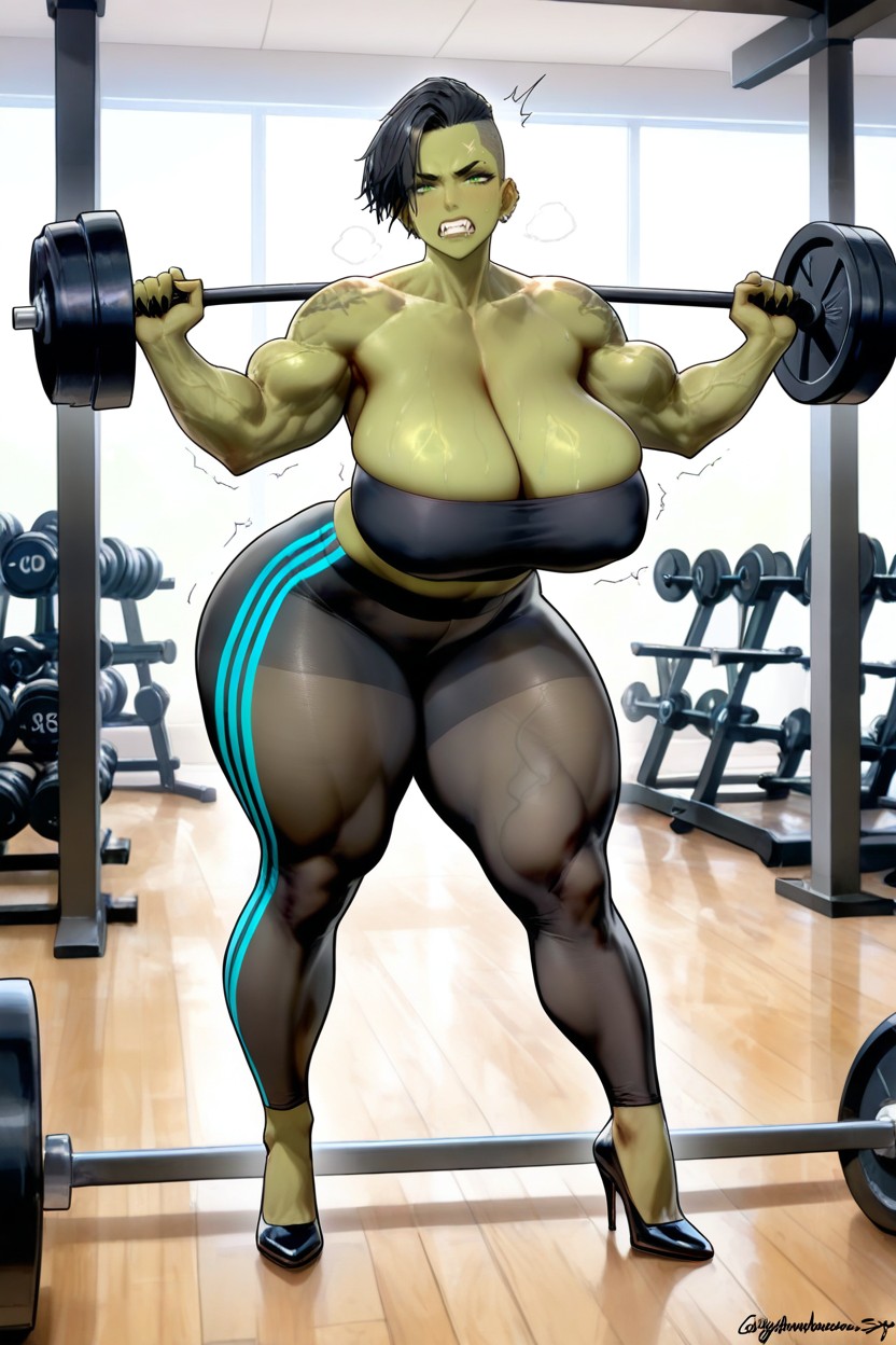 Large Sharp Bottom Fangs, Working Out, Green Skin Hentai AI Porn