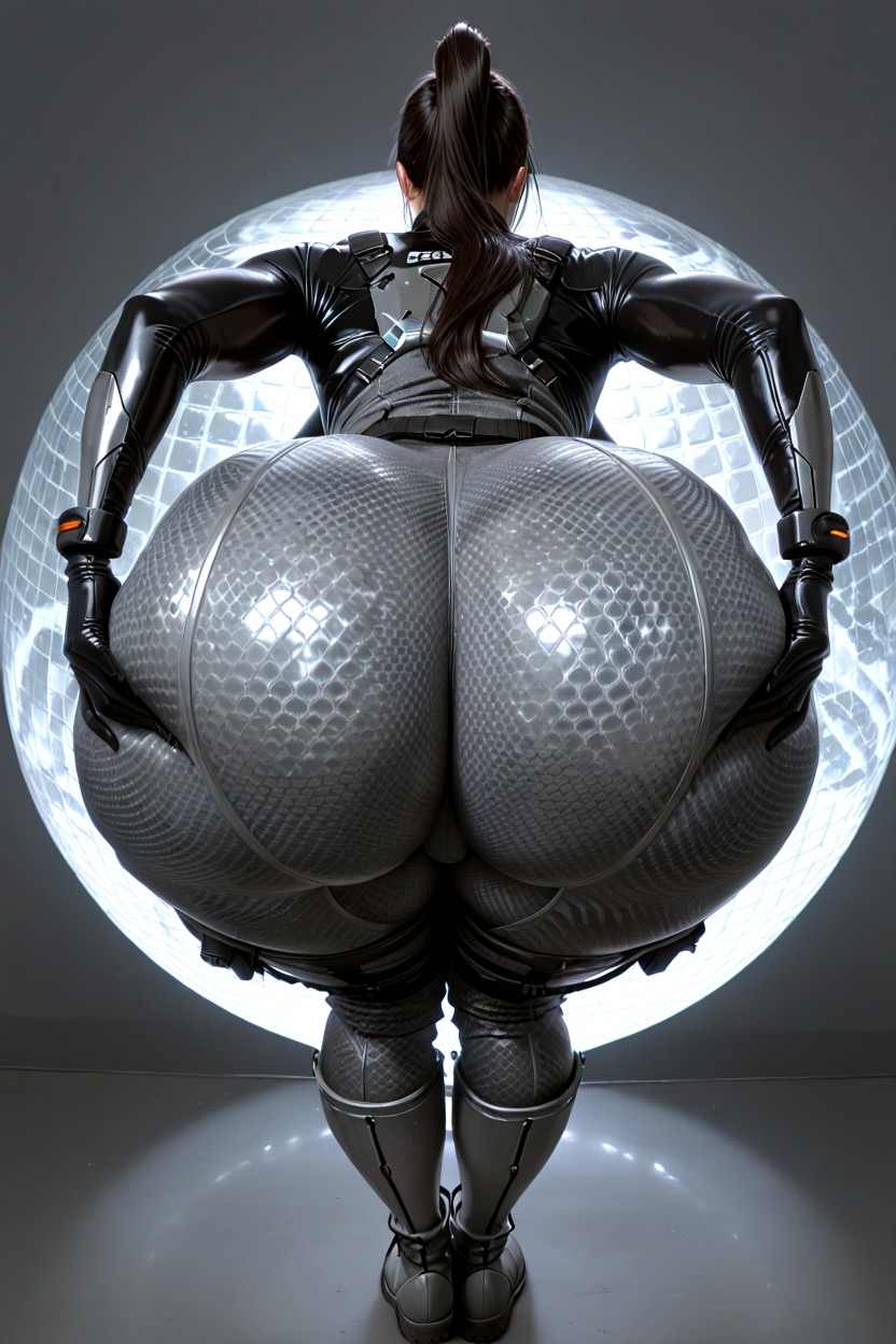 Bodysuit Is A Gray Color, Transitioning Strictly To Solid Black Material From The Mid-thigh Down To The Boots, Seen From Behind Hentai IA