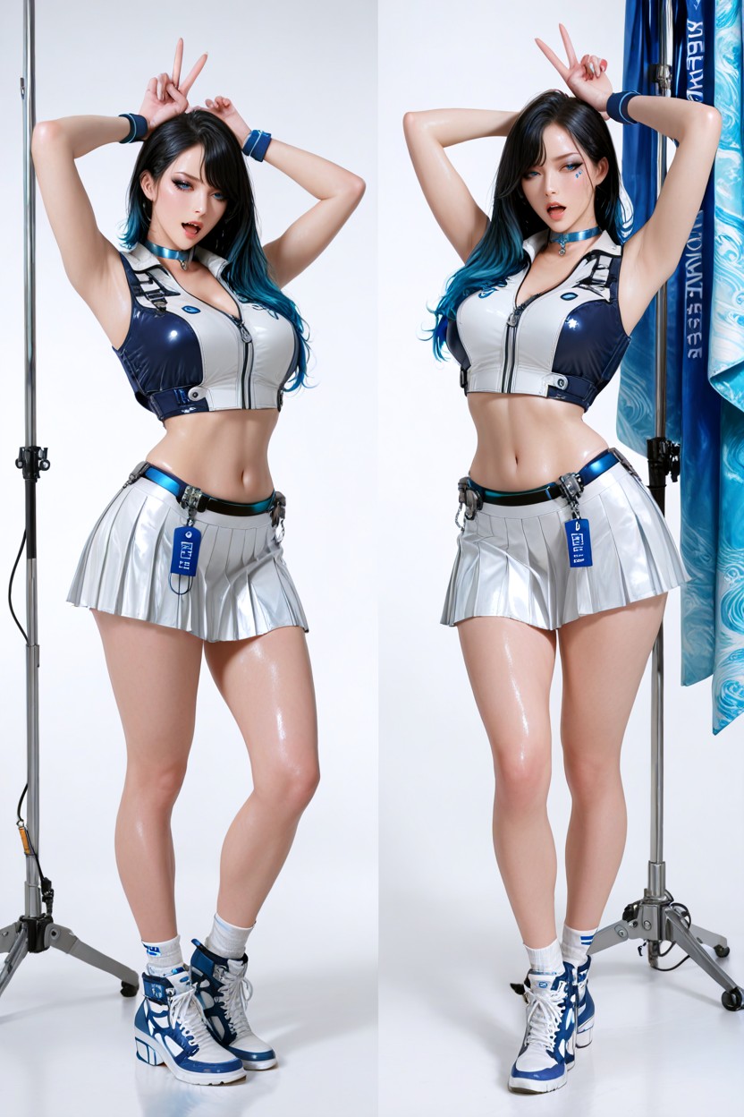 Delicate Lips, Wears Clean White Ankle Socks And Chunky Futuristic High-top Sneakers The Shoes Are Primarily White With Electric-blue Soles, While A Larger Blue “” Marking Appears On The Upper Left Side Of Her Chest She Wears An White Pleated Miniskirt With Crisp Hentai IA