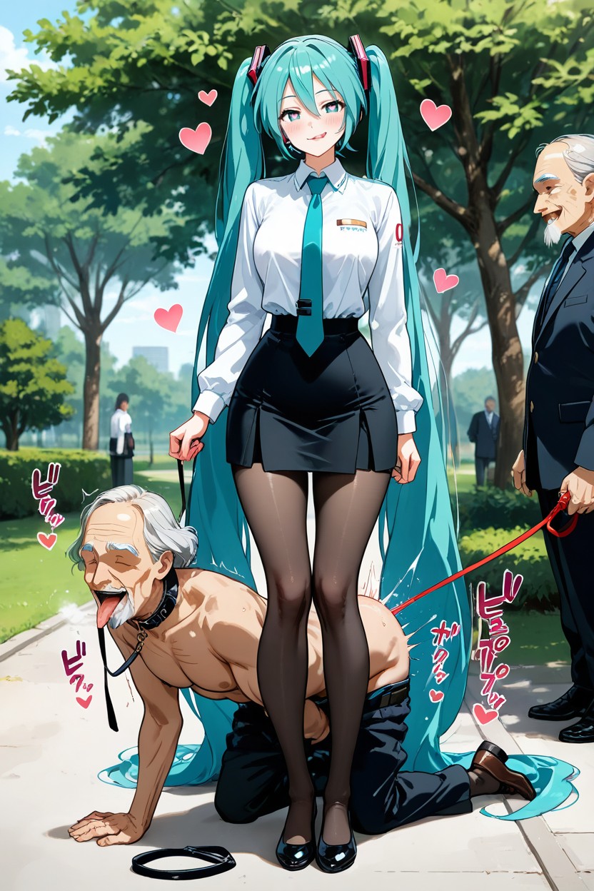 Woman Sticking Out Her Tongue, Old Man Pulling Her Leash, Sexo De Pie Hentai IA