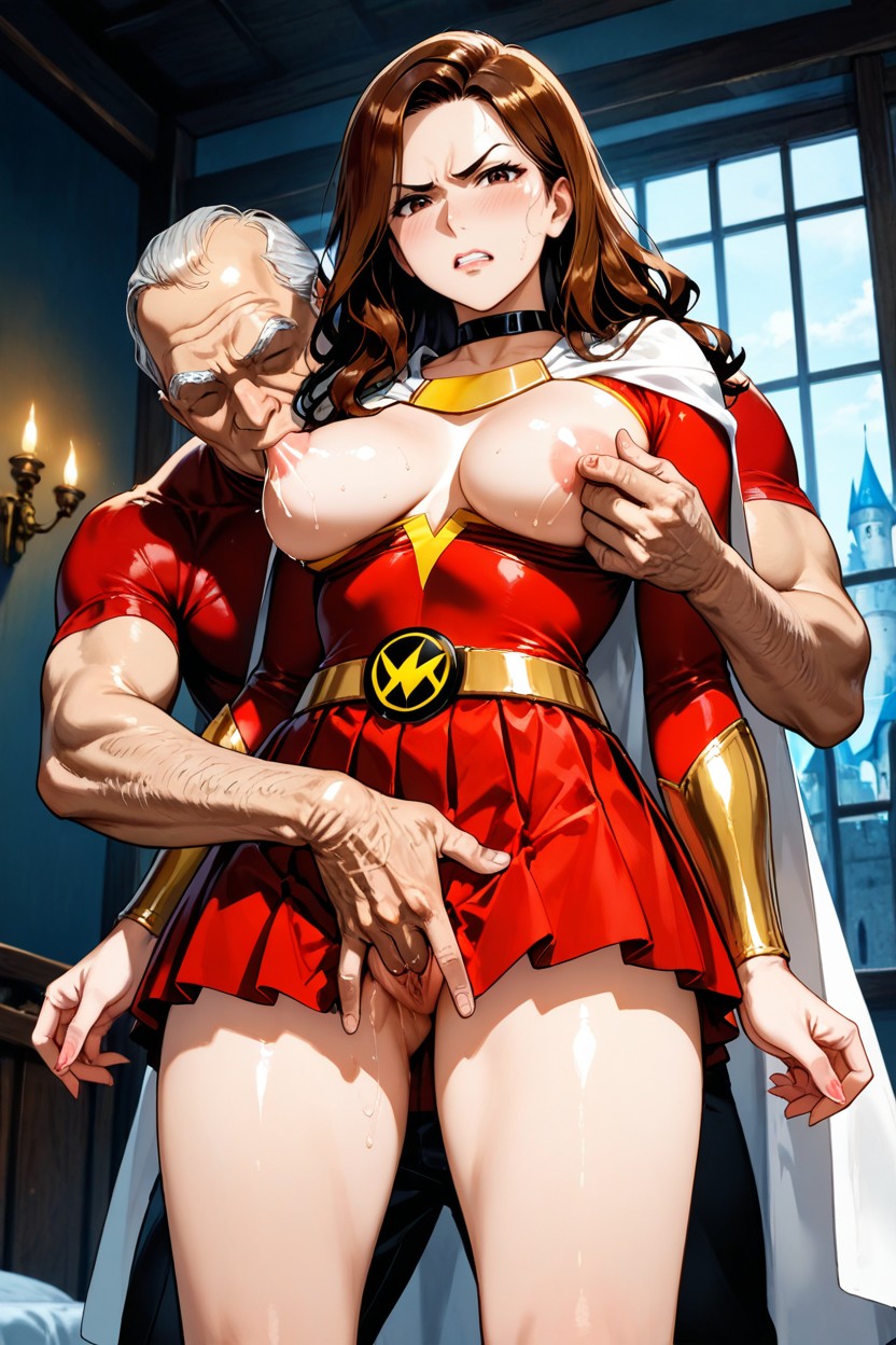 Old Man Fingering Pussy From Behind, Black Collar, Red Pleated Skirt Hentai IA