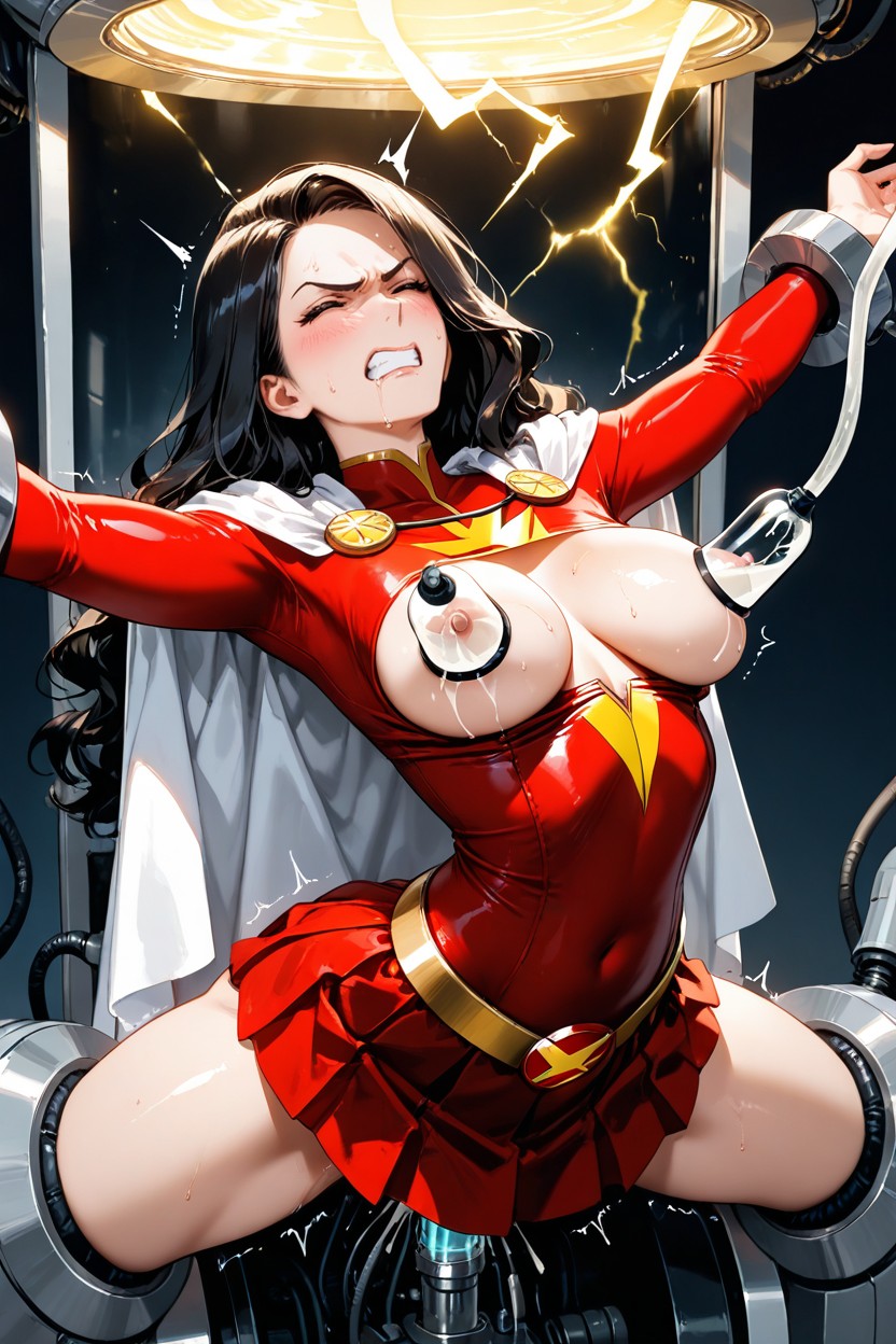 Black Hair Reaching Below Chest, Red Textured Fitted Suit, Layered Waves Hentai IA