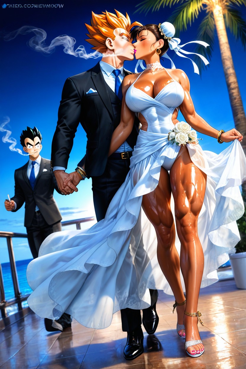 Detailed Hair, Gohan And Chun Li Walking Together, Outdoors Hentai AI Porn