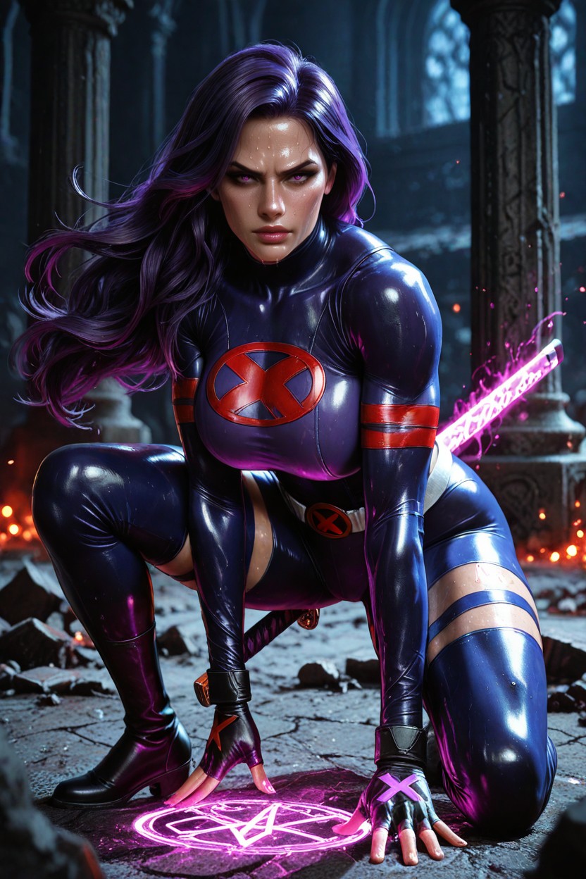 White Belt With X-symbol, Thigh-high Boots, Ethereal Purple Mist Hentai IA