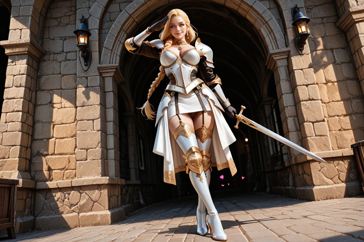 White-gold Thigh Armor Boots, Skinny, Heart Eyes Hentai AI Porn