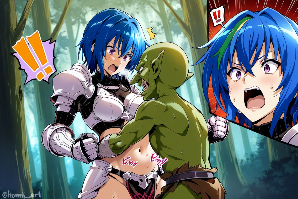 Drop Of Sweat, Half Size Goblin Wraps His Arms Around The Female's Waist, Shocked Hentai AI Porn