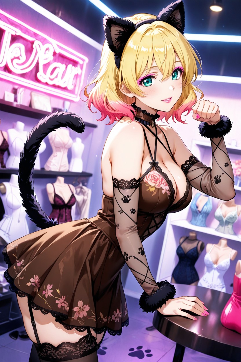 Cleavage, Black Thighhighs, Brown Choker Hentai AI Porn
