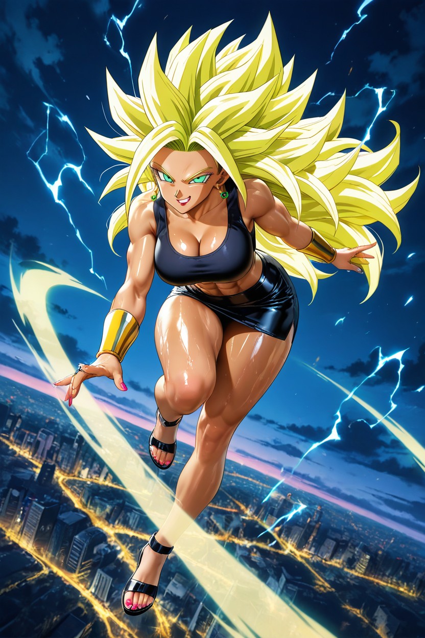 Rings, Sparks Of Blue Electricity Everywhere Around Body, Super Saiyan Hair Hentai AI Porn