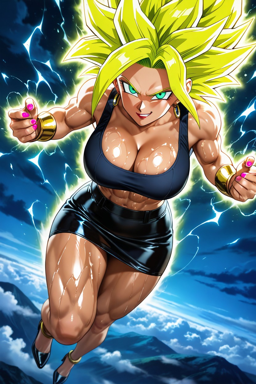 Sparks Of Blue Electricity Everywhere Around Body, Líneas De Bronceado, Perfect Tits Hentai IA