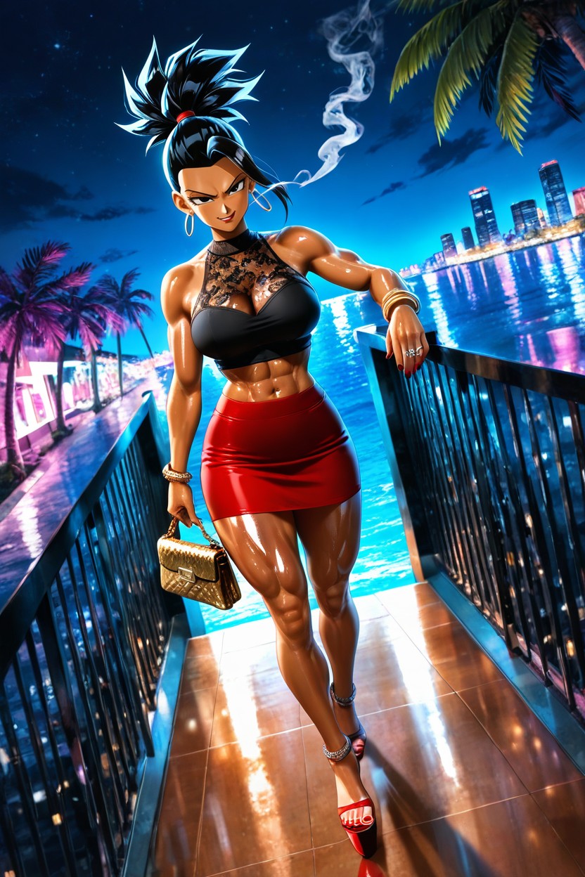 Oiled Skin, Walking Upstairs, Red Open Toe Heels Hentai AI Porn
